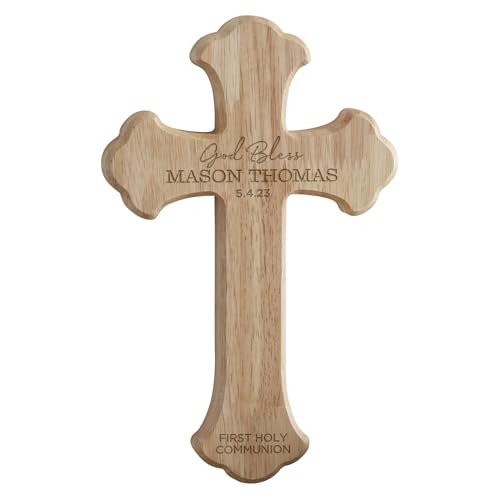 Personalization Universe First Holy Communion Personalized Wood Cross, Custom Engraved Oak Wood Cross - 9.5" First Communion Home Wall Decor with Name and Date, 1st Communion Gift for Boys and Girls