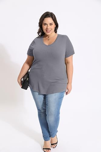 Image of CARCOS Plus Size Tops for Women Short Sleeve Shirts Basic Tee Solid Color Blouse V Neck Tunic Loose Fit Tshirts Summer XL-5XL
