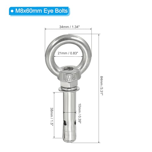 Image of PATIKIL Expansion Eye Bolt M8x60mm, 4 Pack 304 Stainless Steel Shoulder Anchors Eyebolt Screw with Eye Ring for Concrete Brick Walls Canopy Engineering Rigging Silver