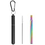 Foweroty 1 Pack Metal Straws, Reusable Straws with 1 Aluminum Case, 1 Cleaning Brush, and 1 Keychains, for Cruise Ship Essentials, Travel Essentials(Black)