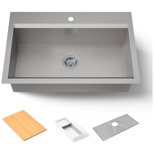 KOHLER Task™ 33" Top-/Undermount Single-Bowl Workstation Sink, Includes Kitchen Sink Accessories, Stainless Steel, 1 Faucet Hole, K-80084-1PC-NA