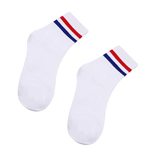 EJY Chaussettes de sport pour hommes et femmes Chaussettes de skateboard rayées (Blanc plus rouge et bleu, Modèles féminins)
