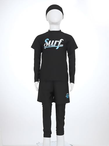 3Pcs Kids Boys Teen Swimsuit Long Sleeve Swim Top with Double Layers Swim Pants and Swim Hat3