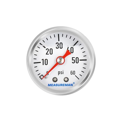 MEASUREMAN 1.5" Liquid Filled Fuel Pressure Gauge, 0-60 PSI Range for Accurate Tuning - Stainless Steel Case with a 1/16" NPT Center Back Mount