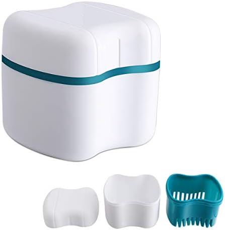Denture Bath Case with Basket Denture Bath Cleaning Box Container Soaking Cup Cleaner Retainer Case Holder for Dentures for False Teeth (B)