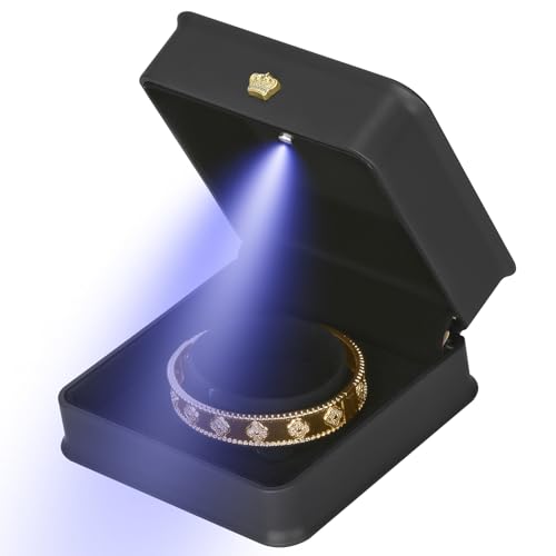 KUKUVR Bracelet Necklace Gift Box with LED Light, Premium PU Leather Jewellry Bangle Storage Display Holder Case for Wedding Engagement Birthday Anniversary Ceremony for Women Girl (Black)