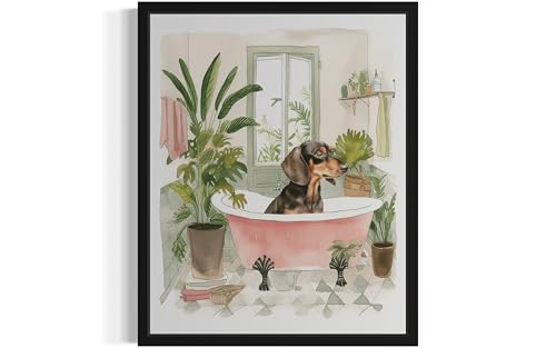 Image of Dachshund in Bathtub Black Framed Wall Art Poster Print, Animal Bathtub Restroom Wall Art Painting for Bathroom Decor Gallery Gallery 30 (Dachshund in Bathtub, 10 inch L x 8 inch W, Black Frame)