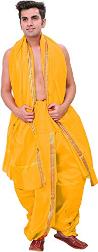 Woven Golden Border Ready to Wear Dhoti and Angavastram Set - Art Silk
