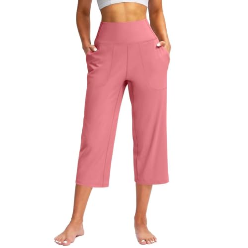 ZERAOKE Women High Waist Pilates Dance Athletic Yoga Capri Pant with Pockets Fashion Loose Fit Casual Pants-Red-L