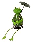 Zaunhocker Frosch grün mit Schlenkerbeinen und Schirm Dekofigur aus Blech 19 cm Figur Metall Garten Deko Garten Balkon Pfostenhocker