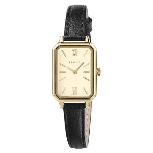 RADLEY Women's Pale Gold Plated Rectangular Case Black Leather Strap Analogue Watch