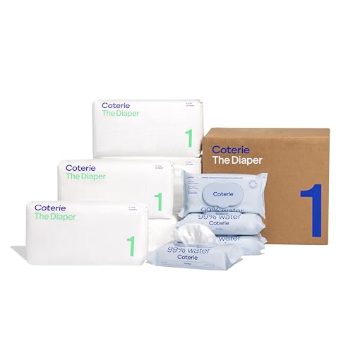 Image of Coterie Baby Diapers + Wipes Baby Kit, Size 1 (8-12 lbs) 198 Count + 4 Wipe Packs (224 Wipes) Made with Plant-Derived Fibers, Hypoallergenic, Designed for Sensitive Skin, Clean Ingredients
