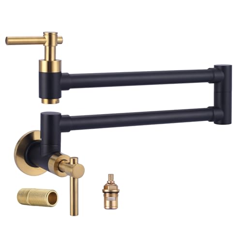 iVIGA Pot Filler Faucet, Brass Wall Mount Kitchen Faucet Black & Gold Folding Stretchable with Double Joint Swing Arm Single Hole 2 Handles for Kitchen, Stove Faucet
