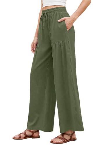 LOMON LOMON Womens Cotton Linen Palazzo Pants with Pockets Casual Drawstring Elastic Waist Wide Leg Trousers