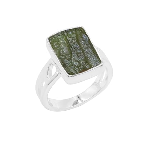 Bague Moldavite argent sterling 925 pour elle et lui pierre verte rugueuse naturelle US 9,5