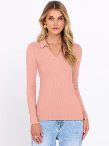 ANRABESS Women Long Sleeve Polo Shirts V Neck Slim Rib Knit Collared Dressy Business Casual Top 2026 Basic Tee Fall Outfits Orange M — view 2