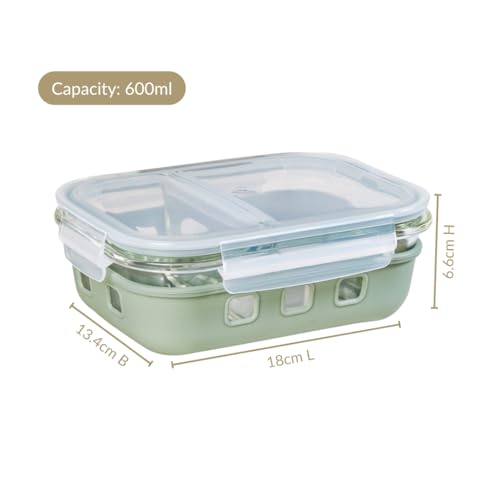 Image of Nestasia Glass Lunch Box with Silicone Sleeve (600ml) - Borosilicate Glass Lunch Box with 2 Compartments for Office | Microwave & Freezer Safe, Leak-Proof Tiffin Box with Clip Locks (Green)