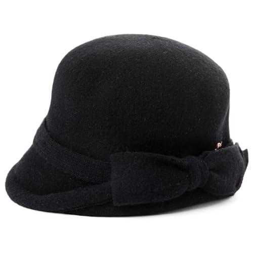 Comhats Winter Wool Felt Cloche Bucket Hat Fedora for Women Vintage Rouond Bowler Packable Party Warm Fashion Black Medium