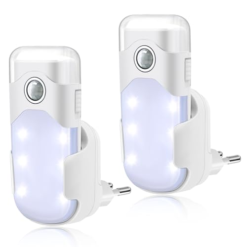 Hiboom 2 Multifunktion LED Nachtlichter mit EU Stecker Nachtleuchte mit Bewegungsmelder Akku Stromausfall Licht Abnehmbare Notfall Taschenlampen Sicherheitslampe mit Dämmerungssensor für Treppe Flur