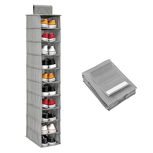 HomeBeyond 10-Shelf Hanging Closet Organizer, Grey Storage Shelves for Clothes, Shoes, and Accessories, Space-Saving Closet Storage Solution