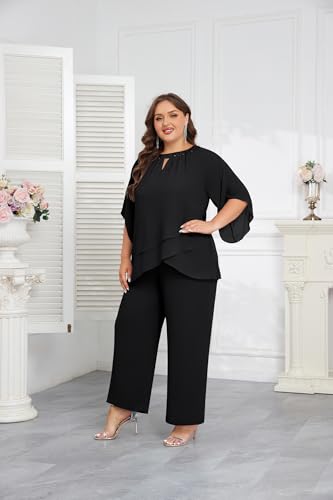 Hanna Nikole Mother of Bride Pant Suits Plus Size Half Sleeve 2 Piece Chiffon Pantsuit Formal Wedding Guest Outfit4