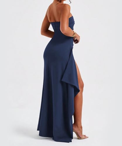 Image of SKAYS Women's Strapless Maxi Dress Elegant Tube Top Formal Ruched Bodycon Wedding Guest Cocktail Summer Dress with Slit