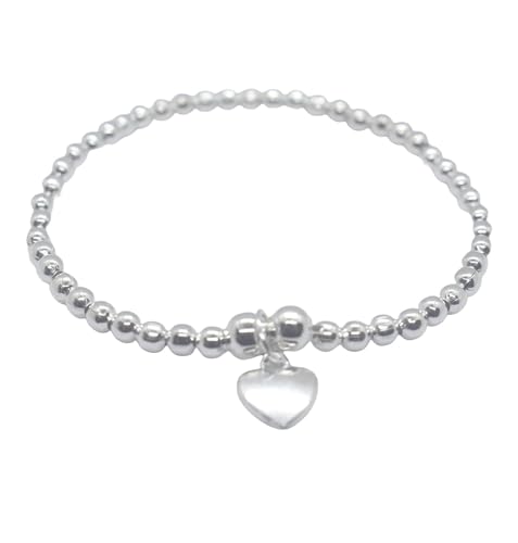 Hemasa Silver Colour Round Beads With Heart Charm Stretchable Bracelet
