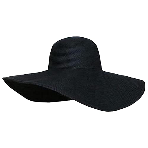QUUPY Sombrero de paja de ala ancha para mujer, sombrero de verano UPF 50, plegable, enrollable, sombrero de playa, sombrero de paja negro