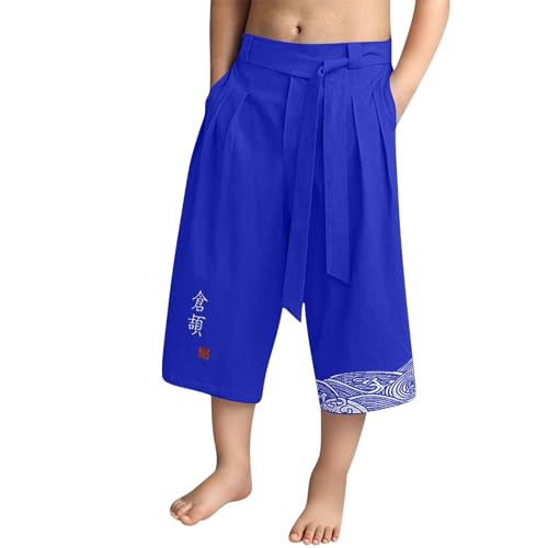 Casual Pants for Teen Boys Pleated Linen Japanese Pants Drawstring Kids Cotton Elastic Waist Wide Leg Beach Summer Trousers