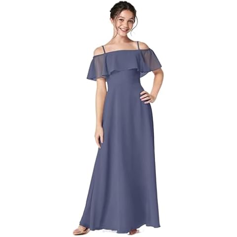 HTWORGRE Off Shoulder Junior Bridesmaid Dresses for Teen Girls Chiffon Formal Gown Flower Girl Dress for Wedding First Communion Dress Pageant Dress Bermuda 15 Cover