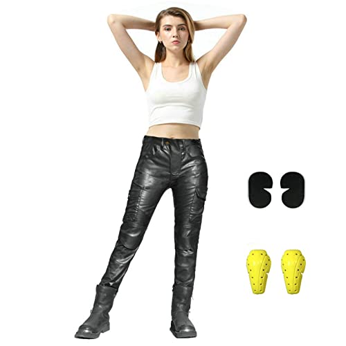 oFzimTo Pantalon Moto Femme, Pantalon En Faux Cuir, Jean Moto Homme Noir Extensible Avec Poches, Protections De Genoux Amovibles Et RéGlables En Hauteur (Schwarz,XS) Cover