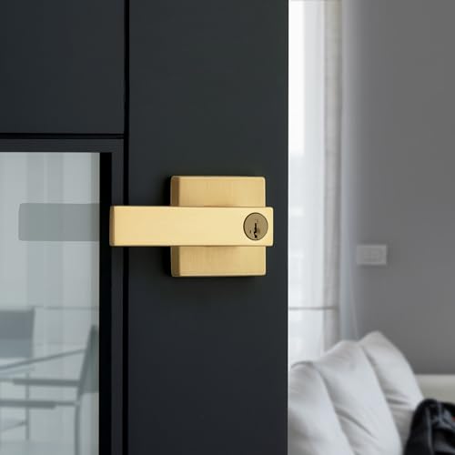 Image of Kwikset Singapore Entry Door Handle with Lock and Key, Secure Keyed Reversible Lever Exterior, for Front Entrance and Bedrooms, Satin Brass, Pick Resistant Smartkey Rekey Security
