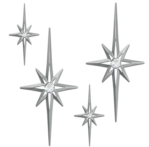 sxnzequnze 4 Pcs Star Wall Art for Home Decor Living Room Bedroom Office Metal 3D,Bling,with Hanging Hook Starburst Midcentury Sculpture Retro Gallery Accent Celestial -Silver 16.5in/9.4in