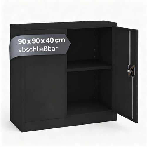 LagerZwei Mehrzweckschrank 90x90x40cm I Metallschrank inkl. Fachboden I Aktenschrank abschließbar, als Werkstattschrank, Büroschrank & Kellerschrank I Stahlschrank robust I Allzweckschrank anthrazit