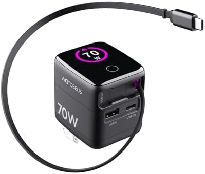 70W/65W GaN USB C PD Charger, Retractable USB C Charger with AI Digital Display - Travel Laptop Power Adapter, PPS 45W 25W Fast Charging for iPhone 17 16, iPad, MacBook, Galaxy S26, Pixel 10