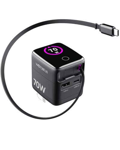 WOTOBEUS PD 70W/65W GaN USB-C Wall Charger with Retractable Cable & AI Digital Display - Travel Laptop Power Adapter, PPS 45W 25W Fast Charging for iPhone 17 16, iPad, MacBook, Galaxy S25, Pixel