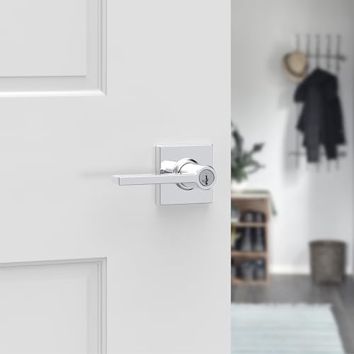 Image of Kwikset Casey Entry Door Handle with Lock and Key, Secure Keyed Reversible Lever Exterior, Door Lock, For Front Door Entrance and Bedrooms, Polished Chrome, Pick Resistant Smartkey Rekey Security