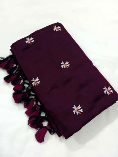 Image of Women's Floral Embroidered Handloom Pure Cotton Saree (Magenta)