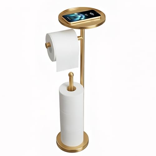 Gold Toilet Paper Holder with Shelf Tissue Roll Holder Stand with Storage for Holding Extra 4 Toilet Paper Rolls Stainless Steel Rustproof Freestanding (Brushed Gold)