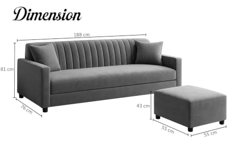 Image of 3-Seater Wooden Sofa Set with Matching Ottoman, Soft Velvet Upholstery, Comfortable Couch for Living Room, Office & Apartment - Grey Color