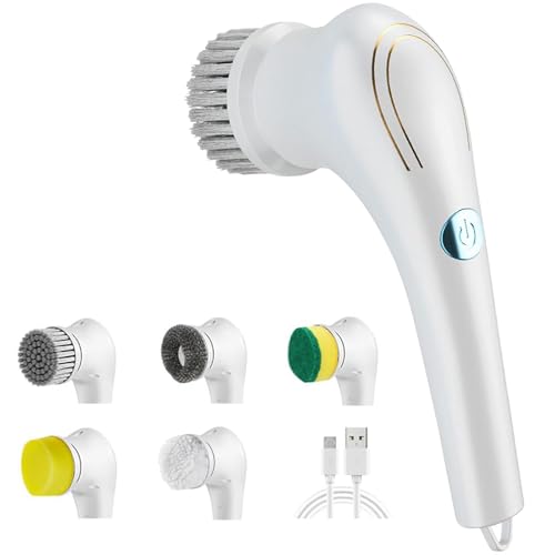 Xrten Cepillo Limpieza Hogar Electrico, Fregadora Giratoria Eléctrico, Limpiador Eléctrico Baño, con 5 Cabezales de Cepillo de Reemplazables, para Pared, Bañera, Ventana, Zapatos