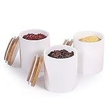 77L Food Storage Jar - (Set of 3) Ceramic Food Storage Jar with Airtight Bamboo Lid, Modern White...