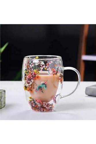 Bardak, 350 ml Isıya Dayanıklı Borosilikat Çift Çidarlı Flower Cup Çiçekli Kahve Sunum Bardağı