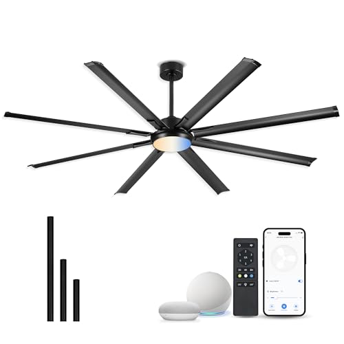Image of 84 Inch Industrial Ceiling Fan with Light, Large Ceiling Fan with 8 Aluminum Blades, Works with Alexa, 6-Speed Reversible DC Motor, 3 CCT Settings, Ideal for Covered Outdoor Spaces, CF04BK-84