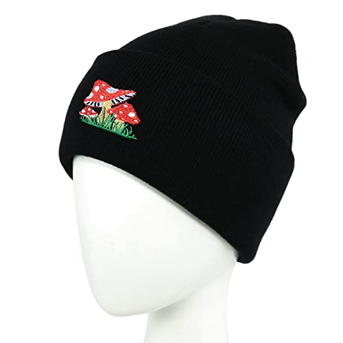 Haooie Mushroom Embroidery Beanie For Women Men Skull Cap Hippie Solid Color Winter Warm Knit Hat (Black) #TOP1