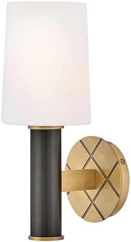 Hinkley Declan Medium Single Light Wall Sconce, Etched Opal Glass Tapered Shade, Install Up/Down, Crosshatch Motif, Heritage Brass with Black Oxide Accent