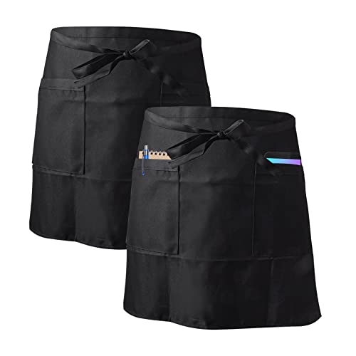 Kioiner 2 Stück Vorbinder Schürze, Schwarze Taillenschürze mit 2 Taschen, Bistroschürze Backschürze, Kellnerschürze Kochschürze, für Restaurant, Bar