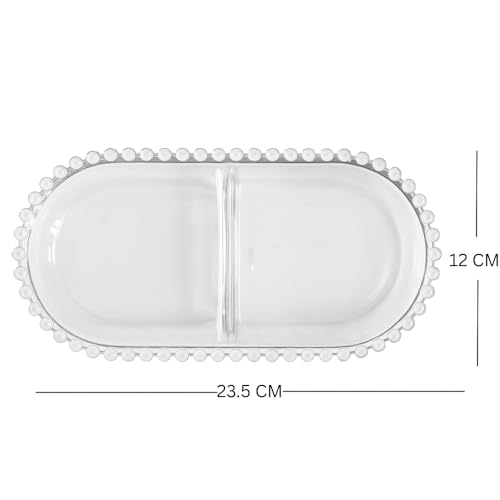 Image of Glassbunny Glass Beaded Serving Platter with Divider, 2-Section Dessert Plate, Clear Crystal Oval Shape Tray for Dry Fruits, Serving Dish, Home Decoration