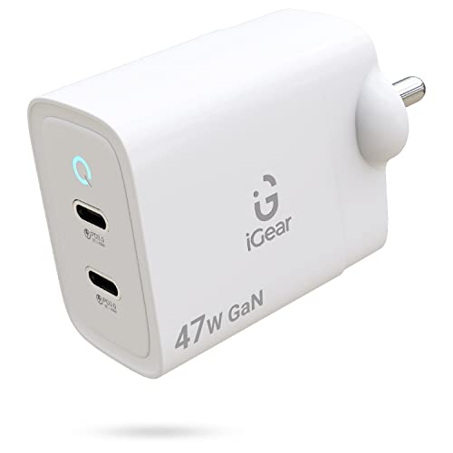 iGear Core 47: Power Delivery 47W GaN Charger with Dual Type-C Ports, PD + PPS Adapter, for MacBook, Laptops, iPad, & Tablets, Also Compatible with iPhone, Samsung and Other Smart Phones