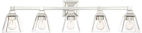 Regency Hill Mencino Modern Wall Mount Light Satin Nickel Silver Metal Hardwired 35 1/4" Wide 5-Light Fixture Clear Glass Shade For Bathroom Vanity Mirror House Home Room Decor #TOP1